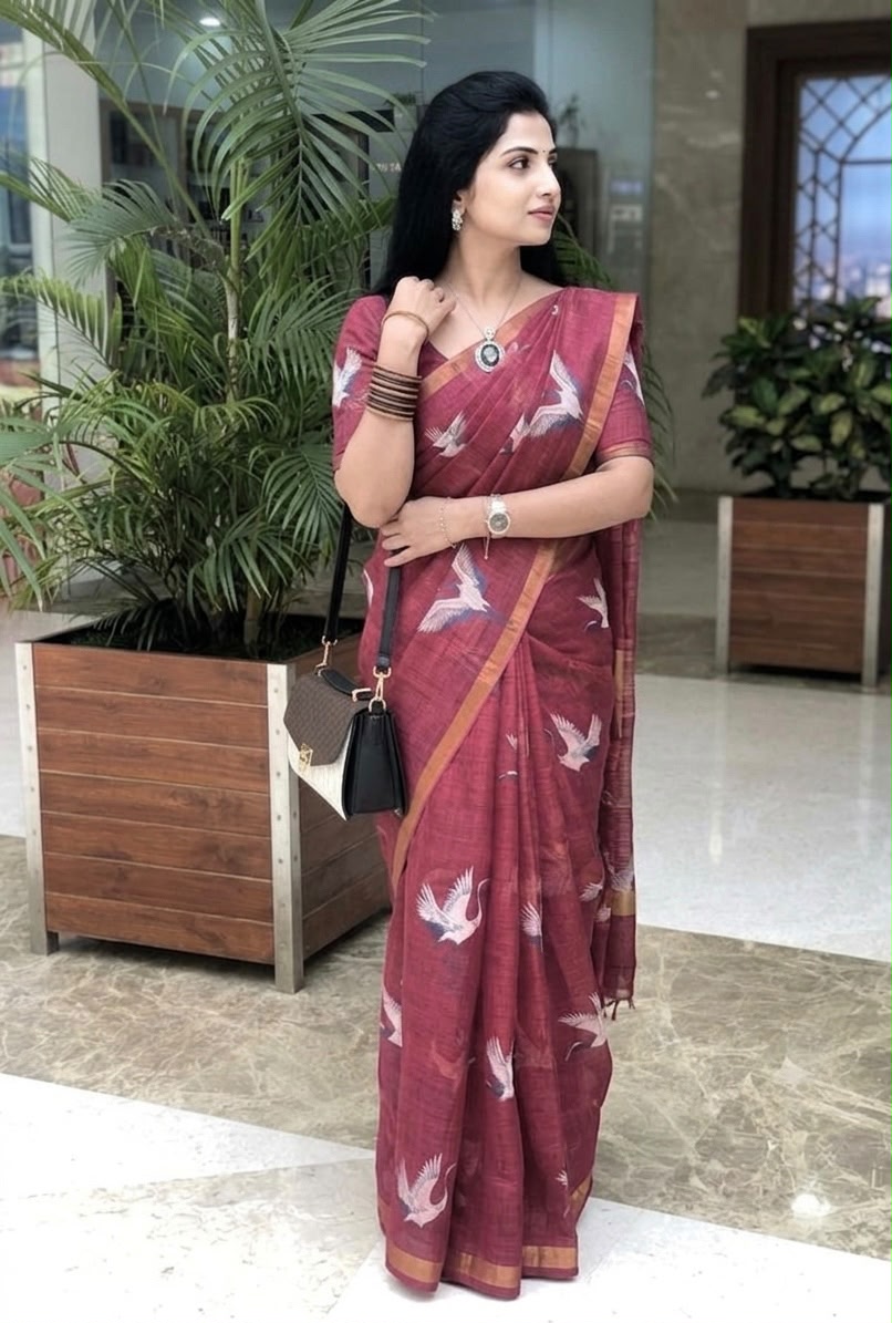 Golden Crane Elegance Linen Cotton Saree with Gold Zari Weaving Patti & Crane Digital Print