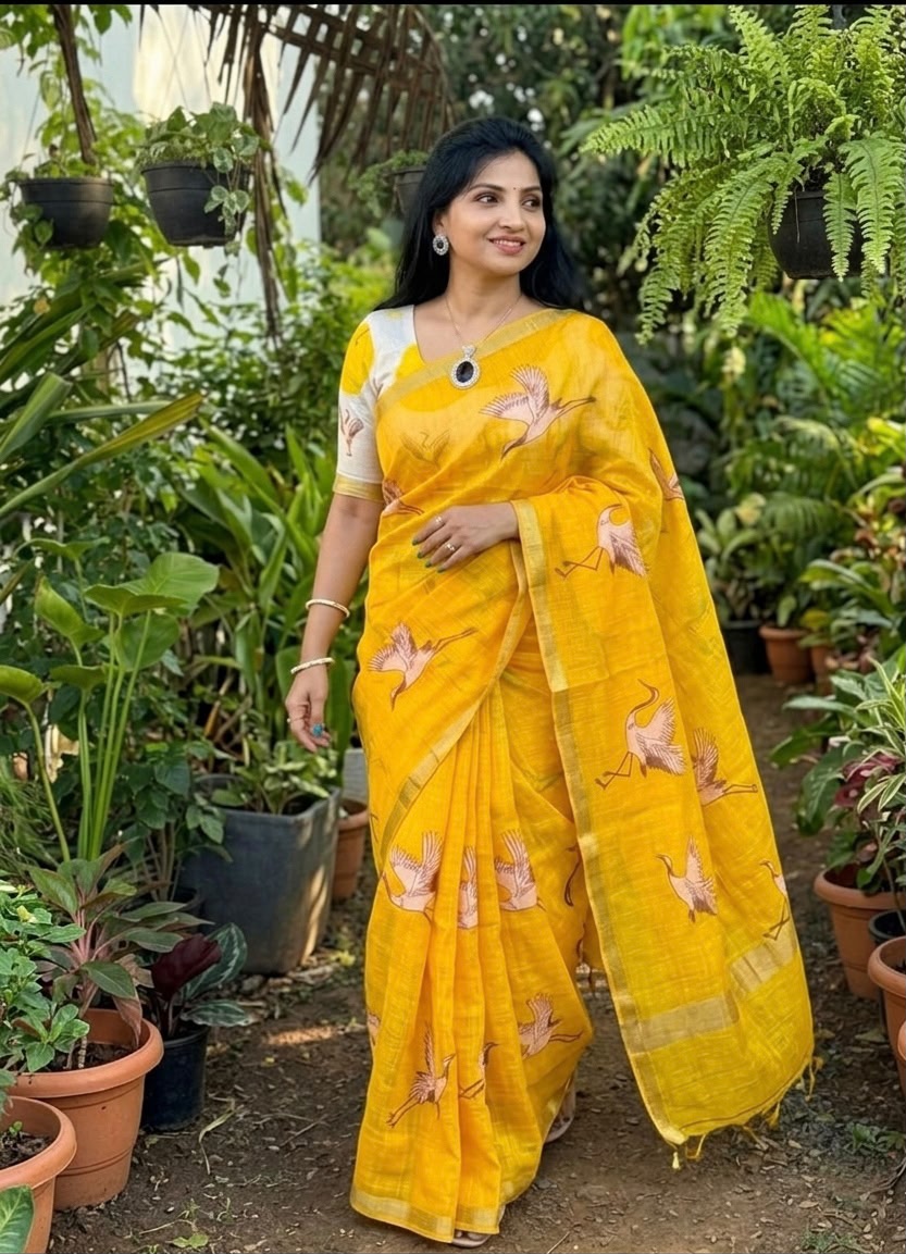 Golden Crane Elegance Linen Cotton Saree with Gold Zari Weaving Patti & Crane Digital Print