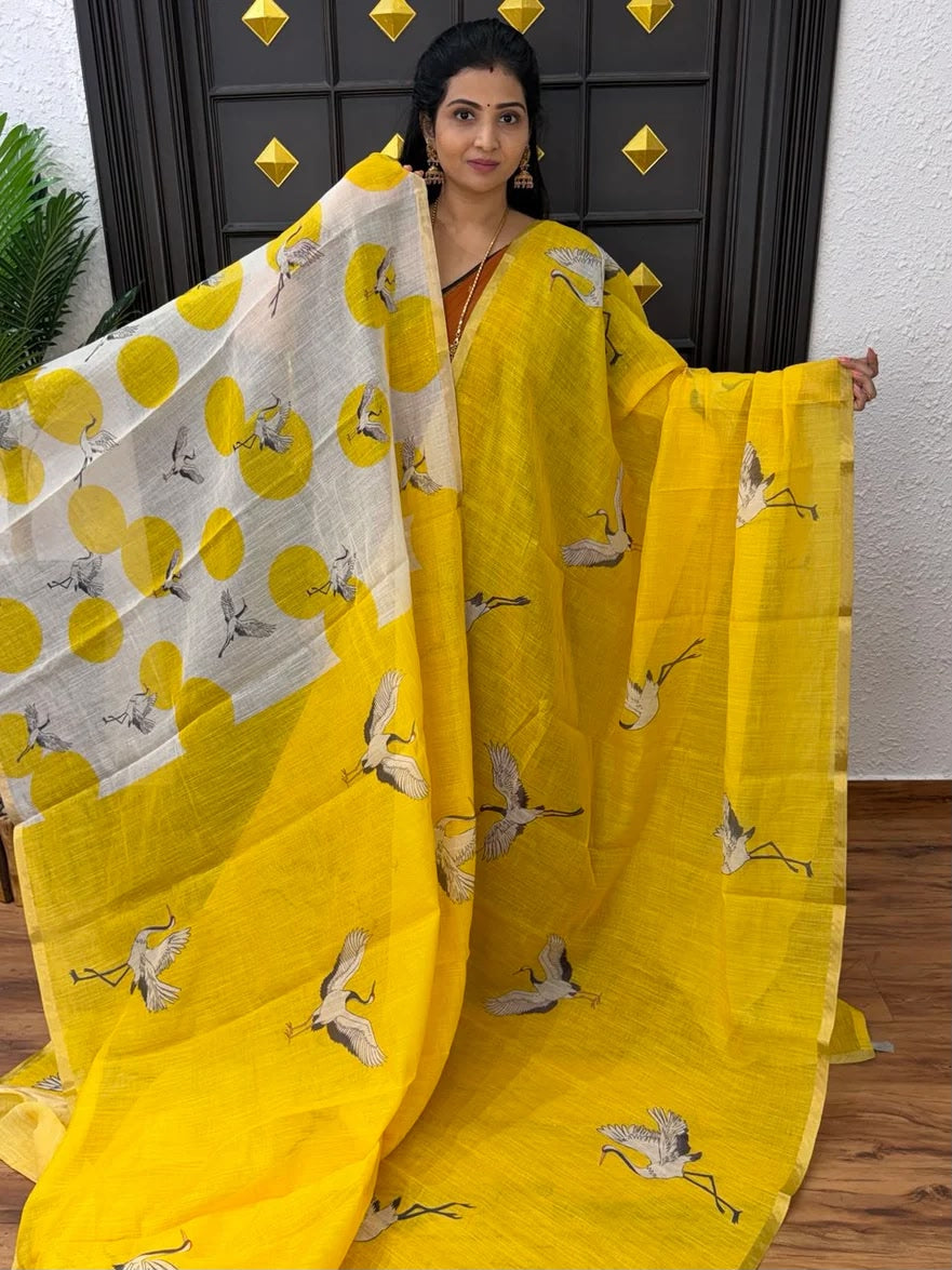 Golden Crane Elegance Linen Cotton Saree with Gold Zari Weaving Patti & Crane Digital Print