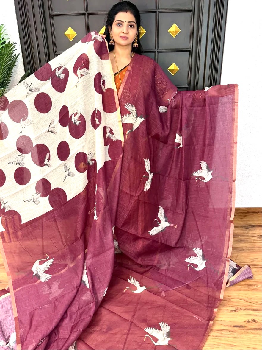 Golden Crane Elegance Linen Cotton Saree with Gold Zari Weaving Patti & Crane Digital Print
