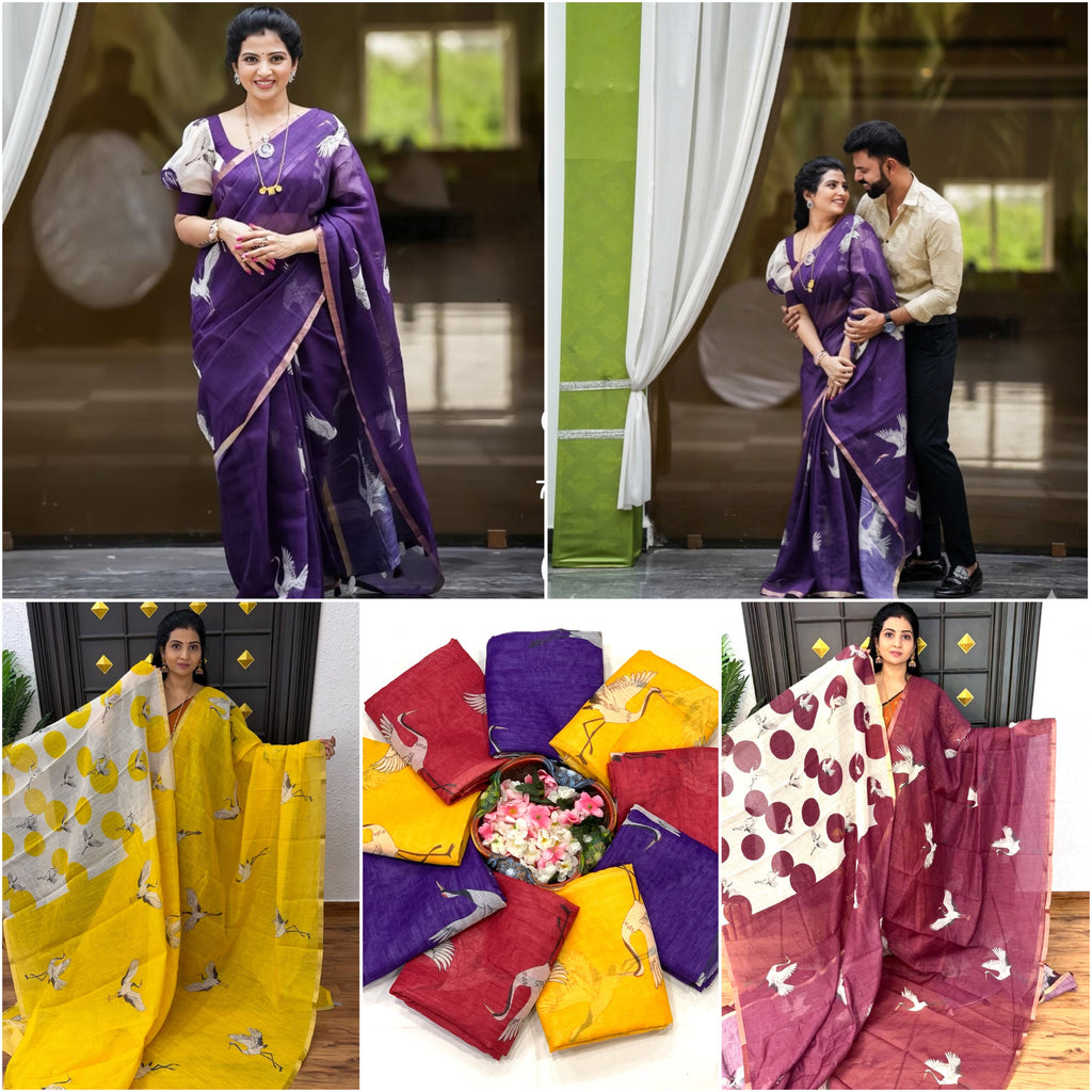 Golden Crane Elegance Linen Cotton Saree with Gold Zari Weaving Patti & Crane Digital Print