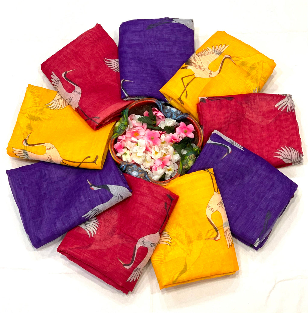 Golden Crane Elegance Linen Cotton Saree with Gold Zari Weaving Patti & Crane Digital Print