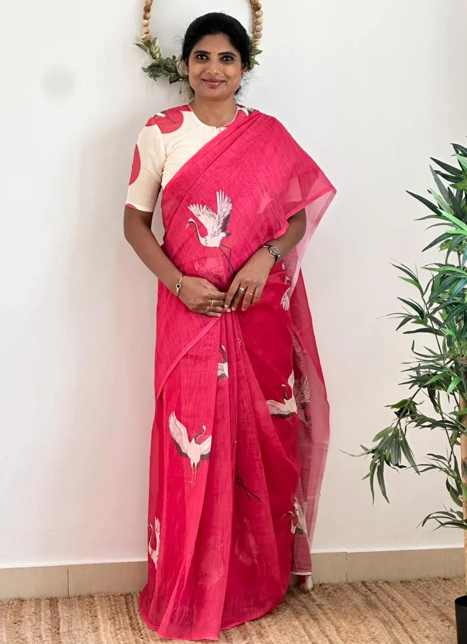 Crane Serenity  Elegant Linen Cotton Digital Printed Saree with Matching Printed Blouse