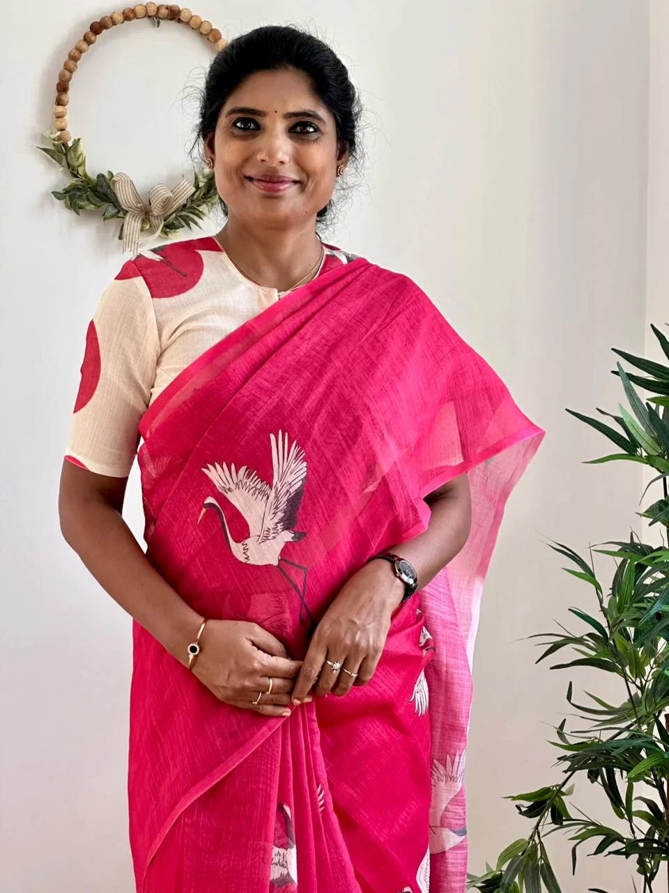 Crane Serenity  Elegant Linen Cotton Digital Printed Saree with Matching Printed Blouse