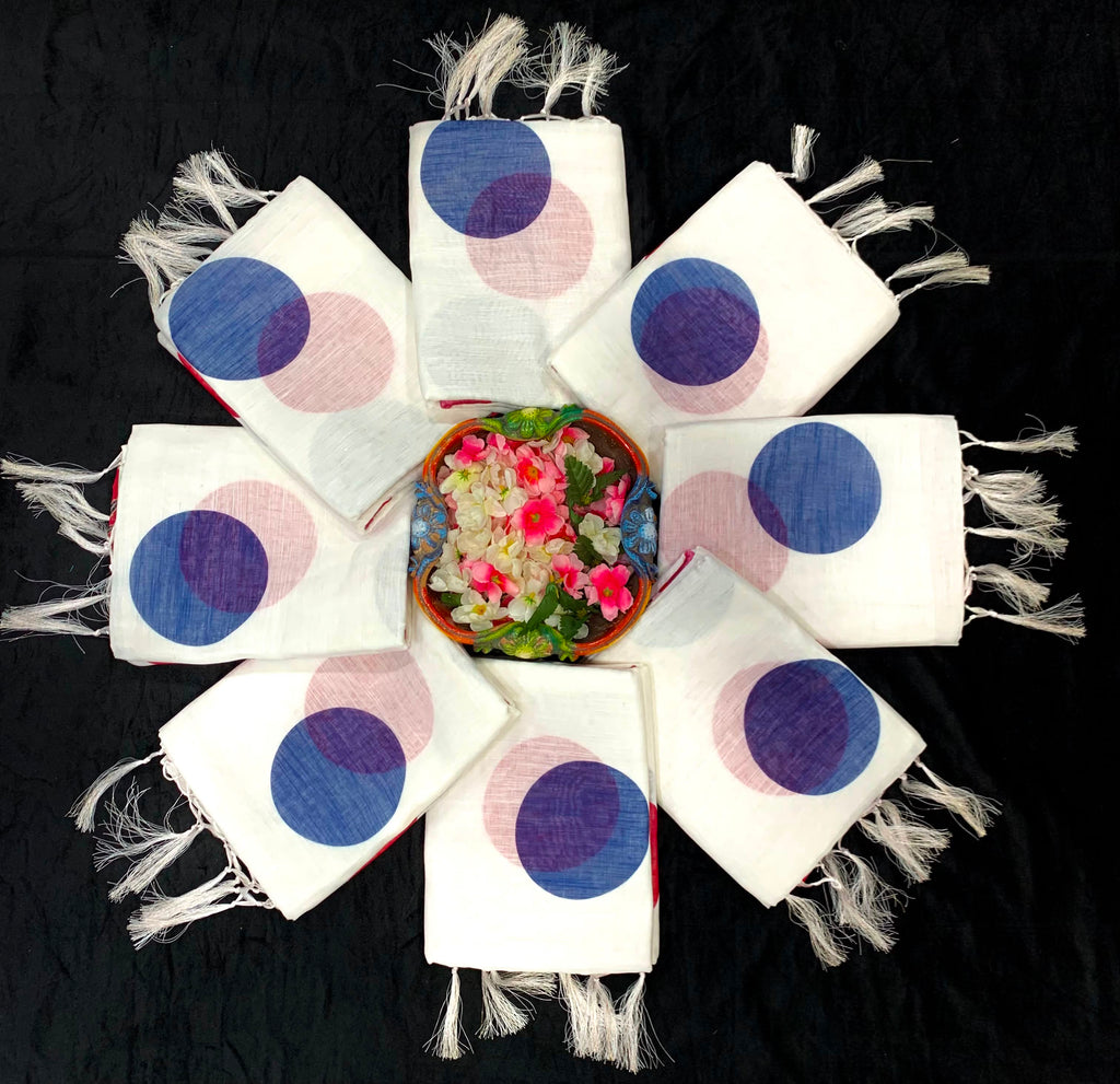 Zahlar Circle Charm Silver Patta Weaving Linen Cotton Saree with Geometric Round Digital Print & Matching Blouse