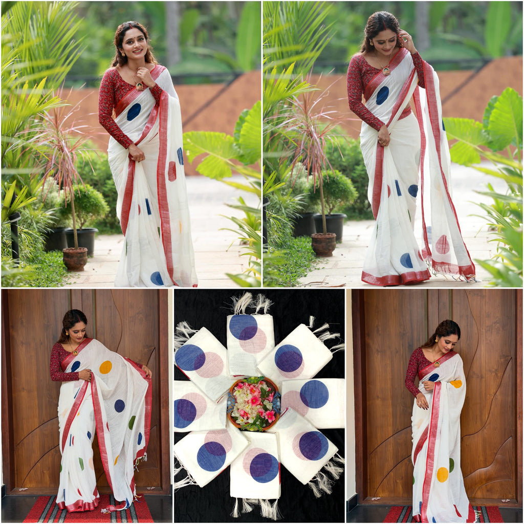 Zahlar Circle Charm Silver Patta Weaving Linen Cotton Saree with Geometric Round Digital Print & Matching Blouse