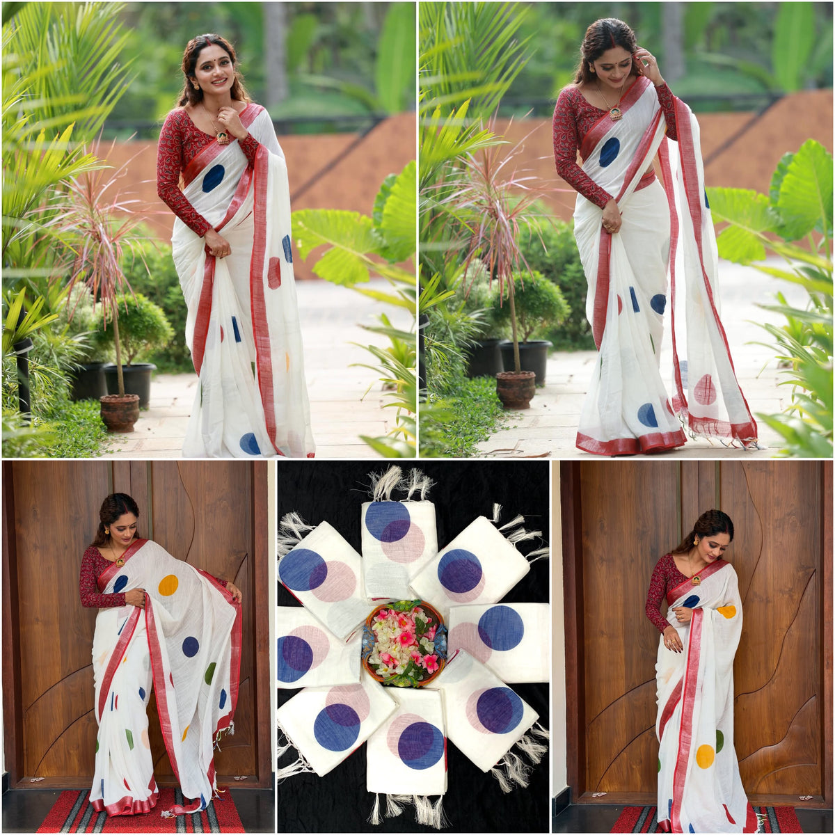 Zahlar Circle Charm Silver Patta Weaving Linen Cotton Saree with Geometric Round Digital Print & Matching Blouse