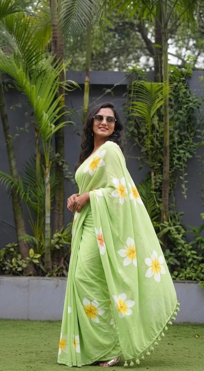 Floral Elegance Premium Linen Cotton Digital Printed Saree with Satin Banglory Blouse