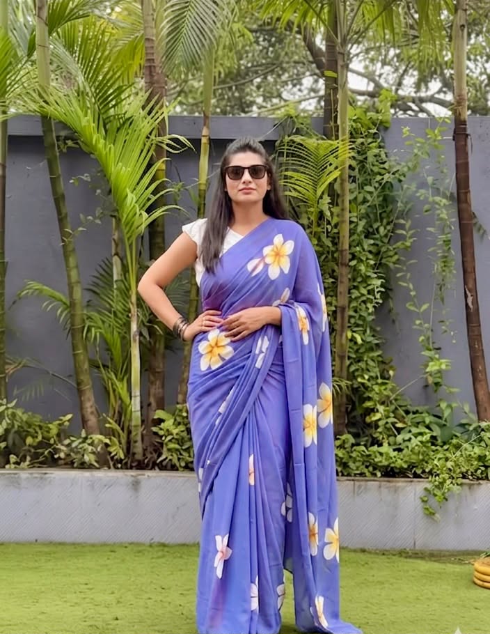 Floral Elegance Premium Linen Cotton Digital Printed Saree with Satin Banglory Blouse