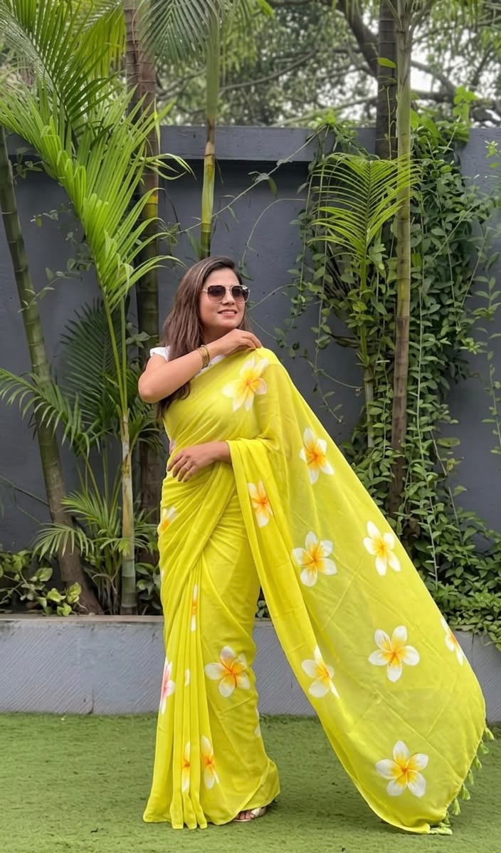 Floral Elegance Premium Linen Cotton Digital Printed Saree with Satin Banglory Blouse