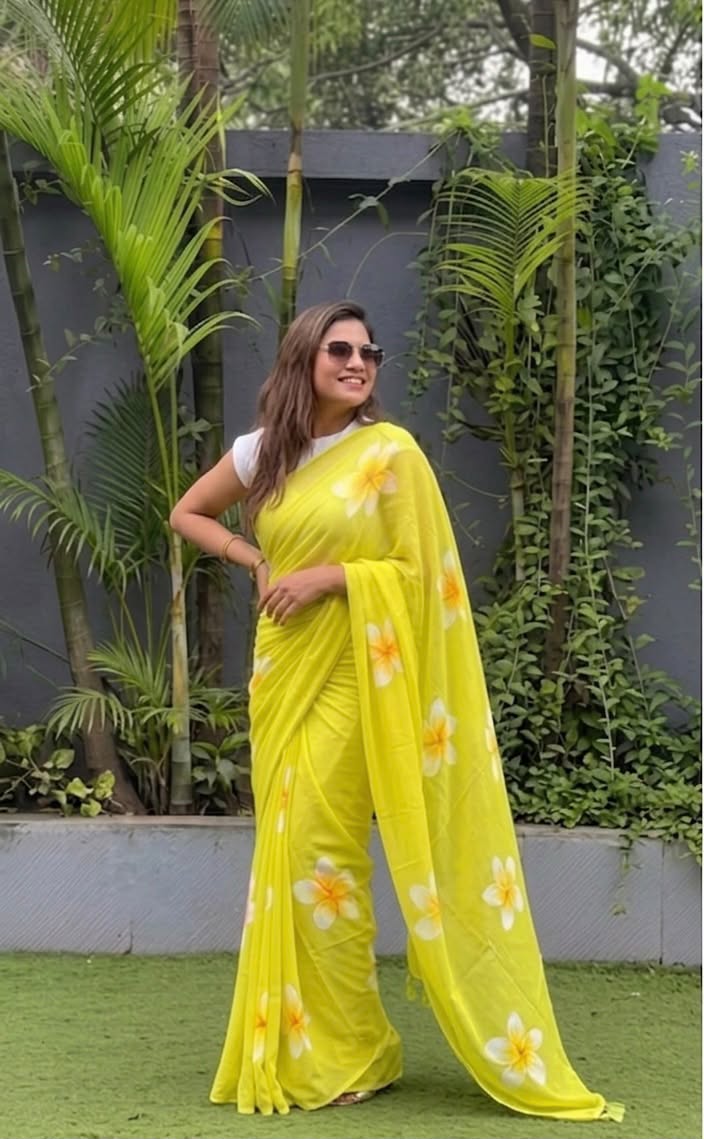 Floral Elegance Premium Linen Cotton Digital Printed Saree with Satin Banglory Blouse