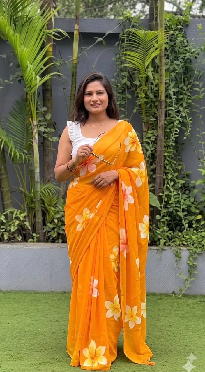 Floral Elegance Premium Linen Cotton Digital Printed Saree with Satin Banglory Blouse