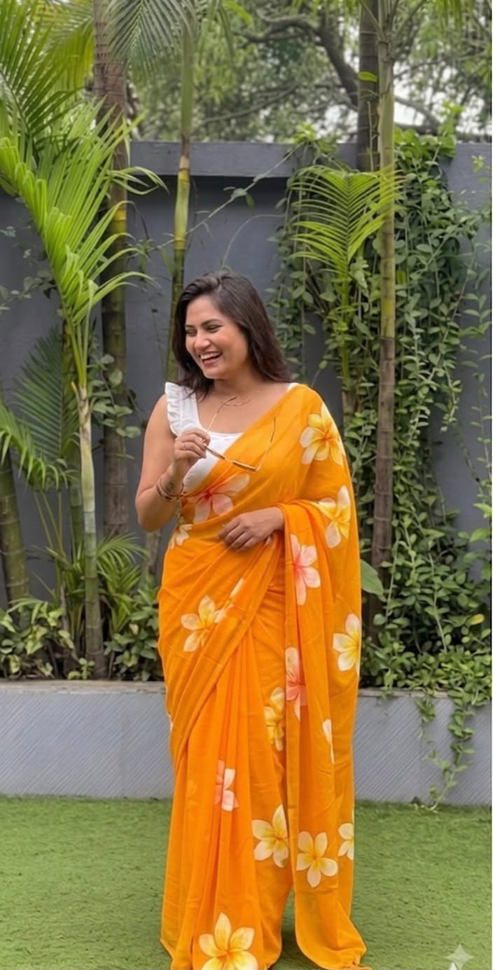 Floral Elegance Premium Linen Cotton Digital Printed Saree with Satin Banglory Blouse