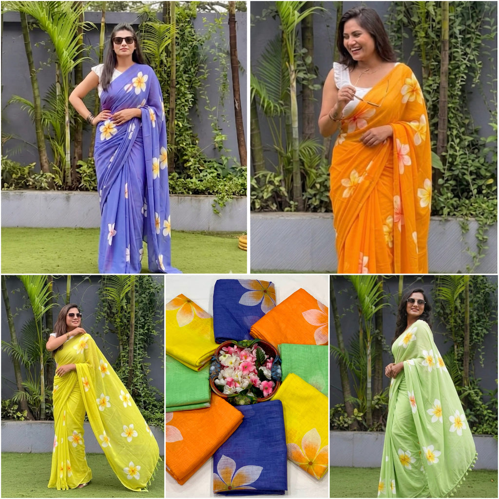 Floral Elegance Premium Linen Cotton Digital Printed Saree with Satin Banglory Blouse