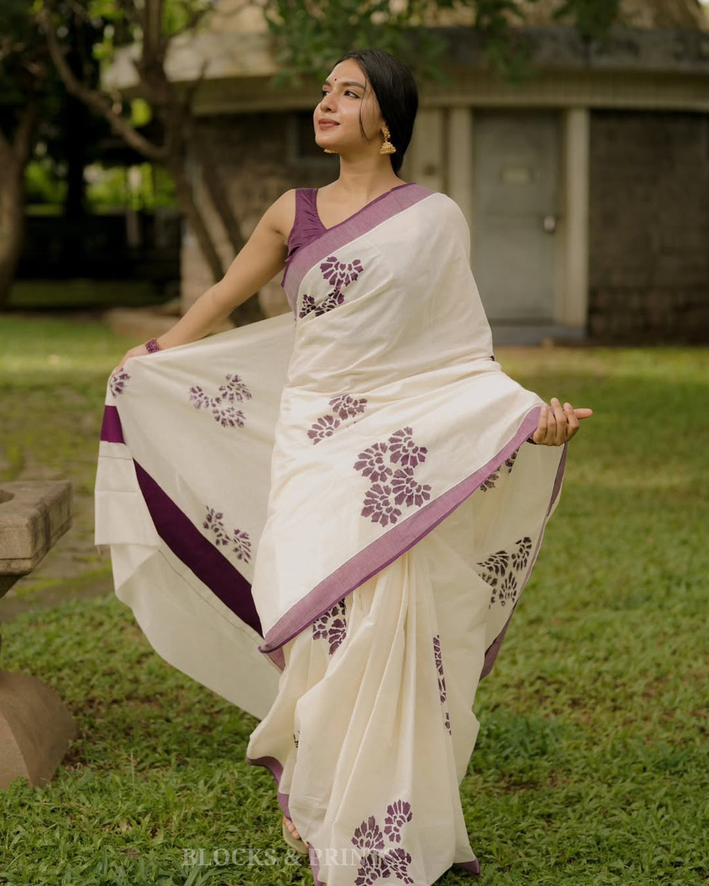 Wine Paw Elegance Silver Patta Weaving Linen Cotton Saree with Paw Print Digital Design & Matching Blouse