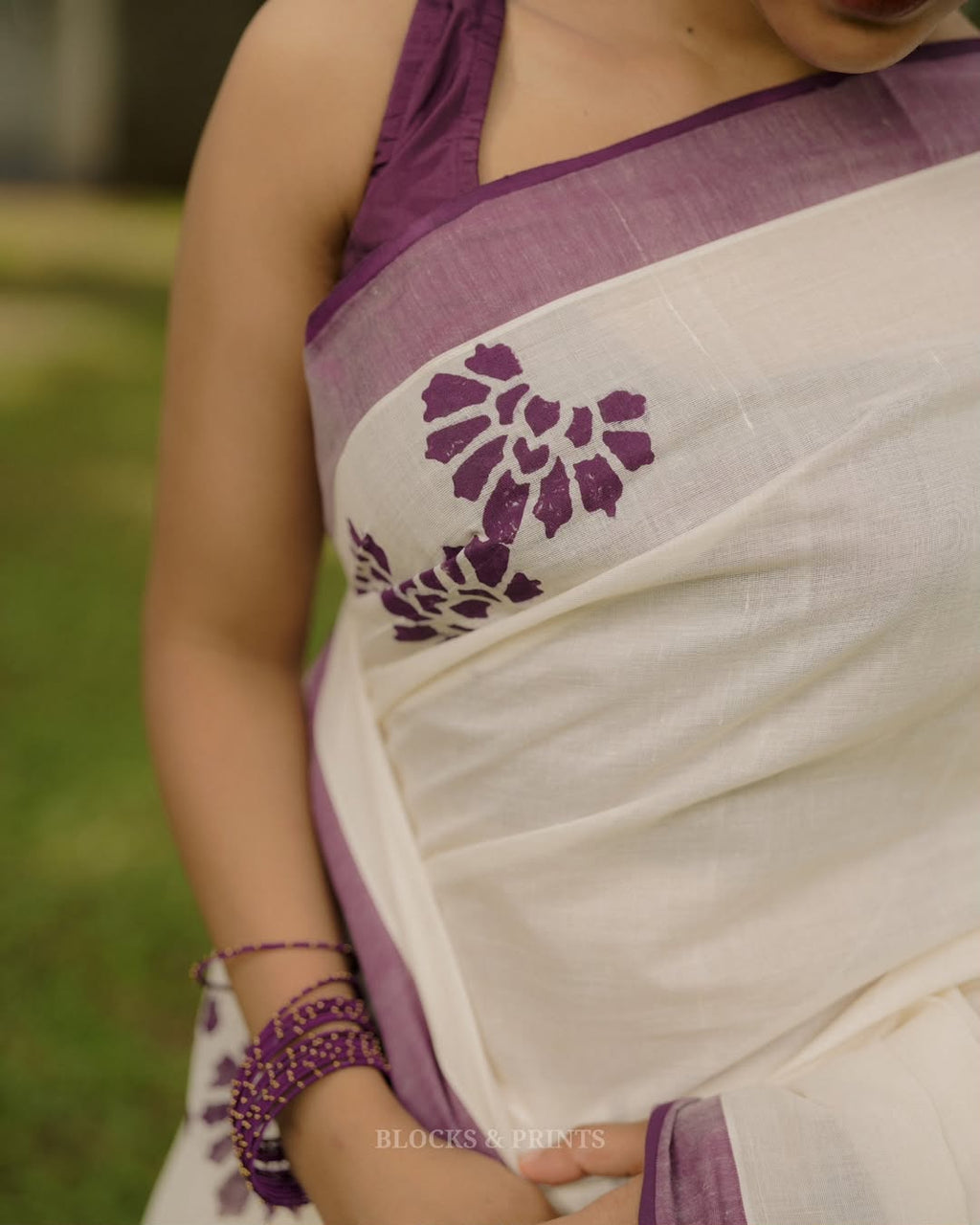 Wine Paw Elegance Silver Patta Weaving Linen Cotton Saree with Paw Print Digital Design & Matching Blouse