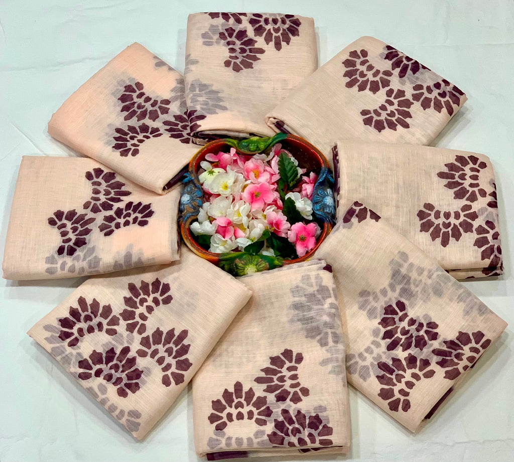 Wine Paw Elegance Silver Patta Weaving Linen Cotton Saree with Paw Print Digital Design & Matching Blouse
