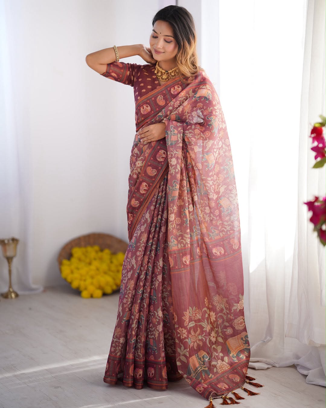 Elephant Bloom Elegance Floral & Elephant Digital Printed Linen Cotton Saree with Matching Blouse & Zahlar Tussle