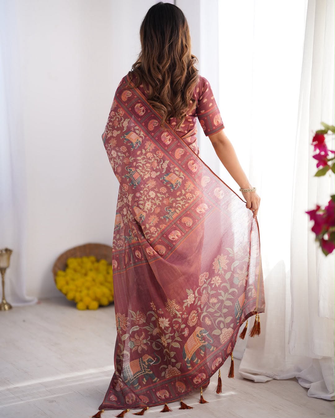 Elephant Bloom Elegance Floral & Elephant Digital Printed Linen Cotton Saree with Matching Blouse & Zahlar Tussle