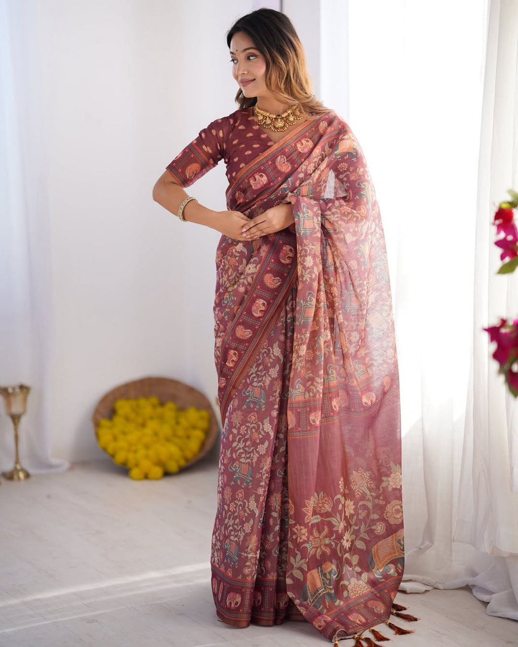 Elephant Bloom Elegance Floral & Elephant Digital Printed Linen Cotton Saree with Matching Blouse & Zahlar Tussle