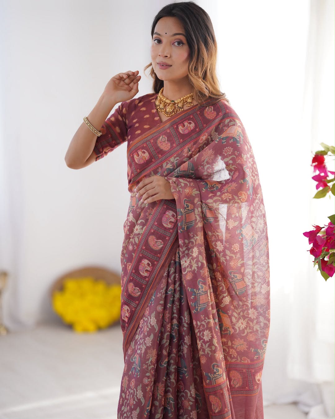 Elephant Bloom Elegance Floral & Elephant Digital Printed Linen Cotton Saree with Matching Blouse & Zahlar Tussle