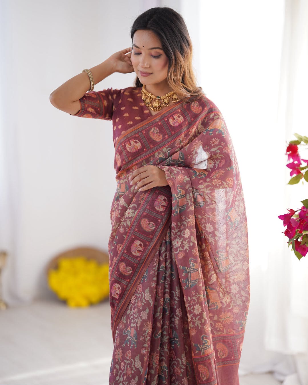 Elephant Bloom Elegance Floral & Elephant Digital Printed Linen Cotton Saree with Matching Blouse & Zahlar Tussle