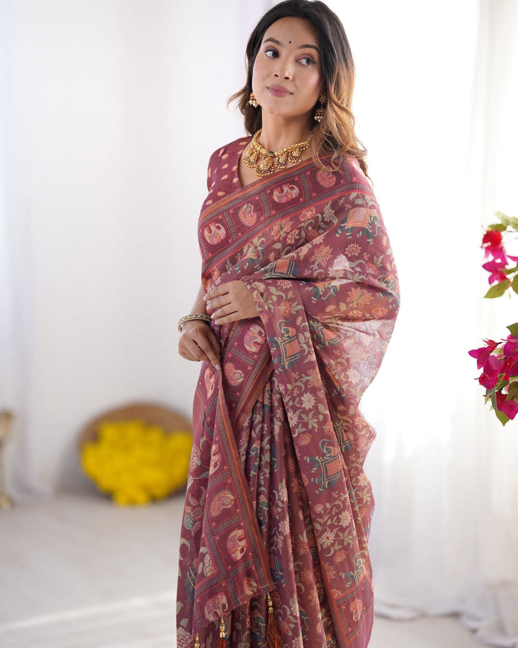 Elephant Bloom Elegance Floral & Elephant Digital Printed Linen Cotton Saree with Matching Blouse & Zahlar Tussle