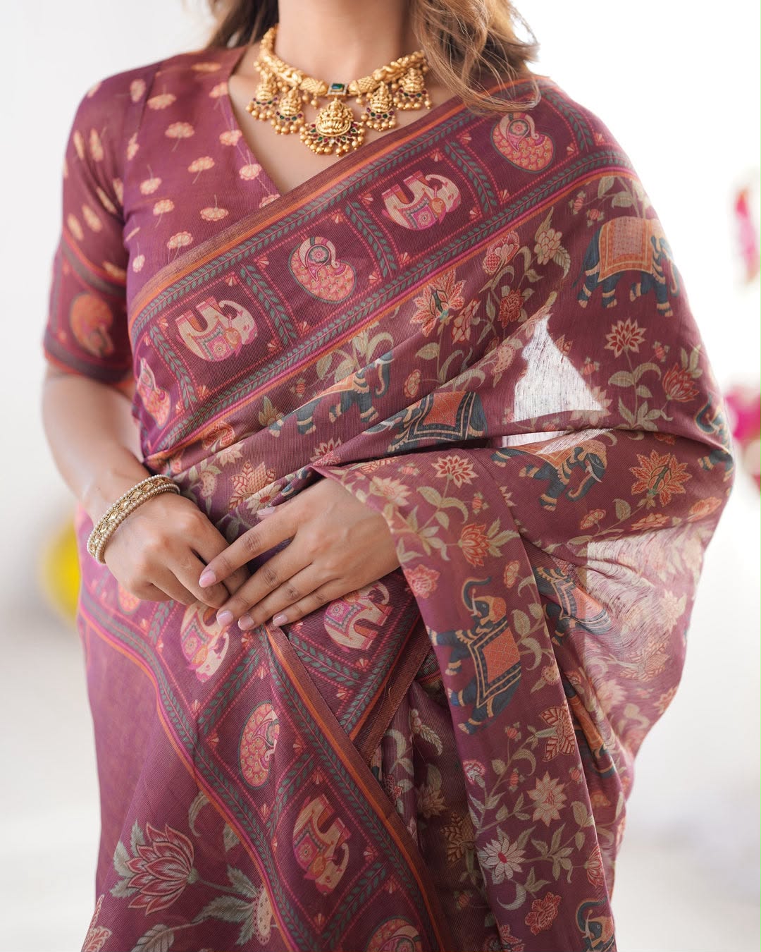 Elephant Bloom Elegance Floral & Elephant Digital Printed Linen Cotton Saree with Matching Blouse & Zahlar Tussle
