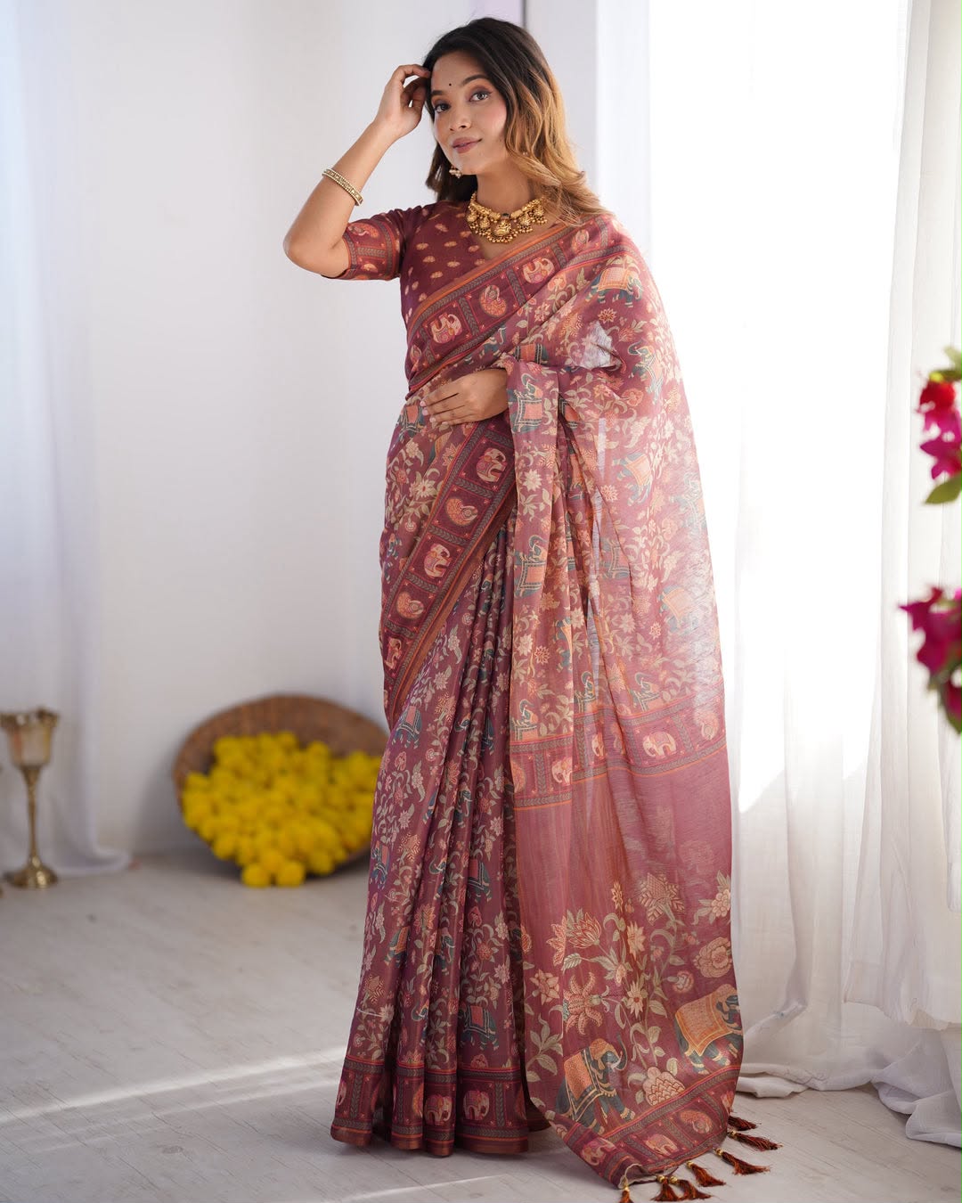 Elephant Bloom Elegance Floral & Elephant Digital Printed Linen Cotton Saree with Matching Blouse & Zahlar Tussle