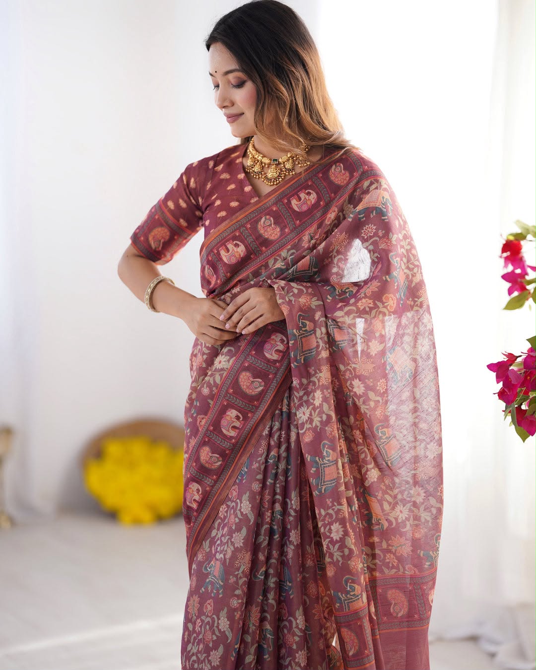 Elephant Bloom Elegance Floral & Elephant Digital Printed Linen Cotton Saree with Matching Blouse & Zahlar Tussle