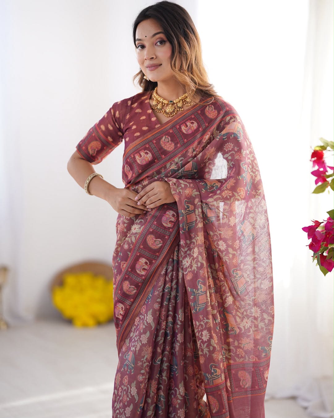 Elephant Bloom Elegance Floral & Elephant Digital Printed Linen Cotton Saree with Matching Blouse & Zahlar Tussle