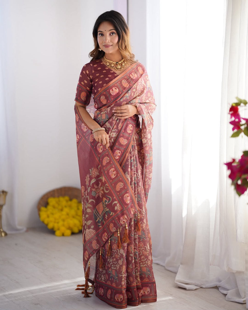 Elephant Bloom Elegance Floral & Elephant Digital Printed Linen Cotton Saree with Matching Blouse & Zahlar Tussle
