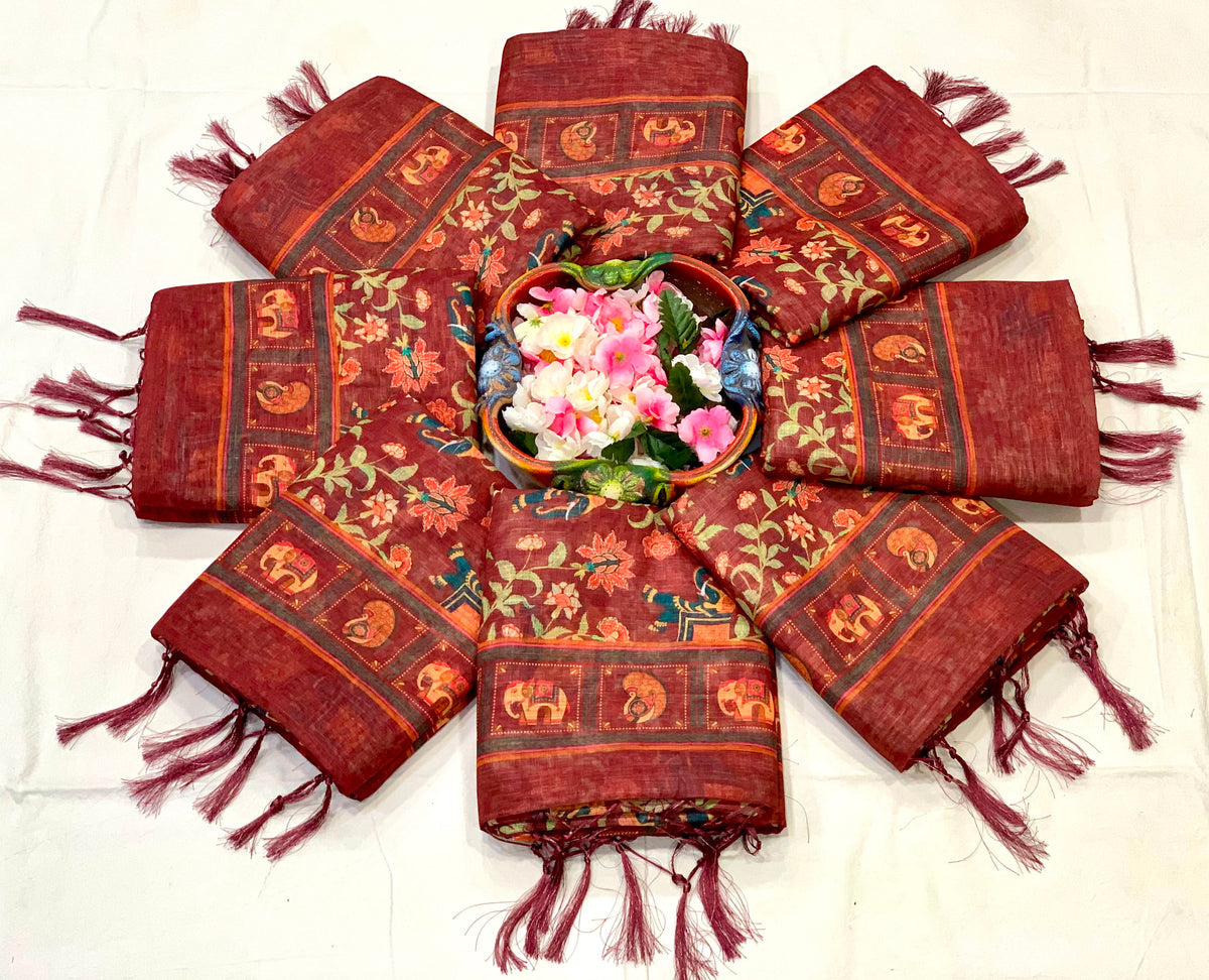 Elephant Bloom Elegance Floral & Elephant Digital Printed Linen Cotton Saree with Matching Blouse & Zahlar Tussle