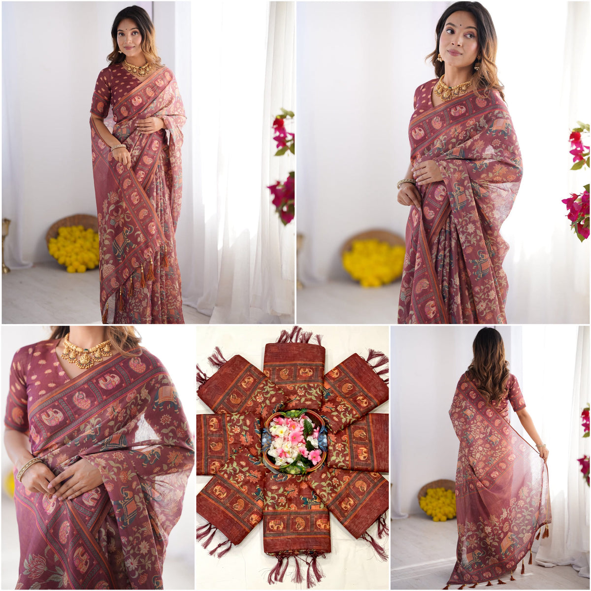 Elephant Bloom Elegance Floral & Elephant Digital Printed Linen Cotton Saree with Matching Blouse & Zahlar Tussle