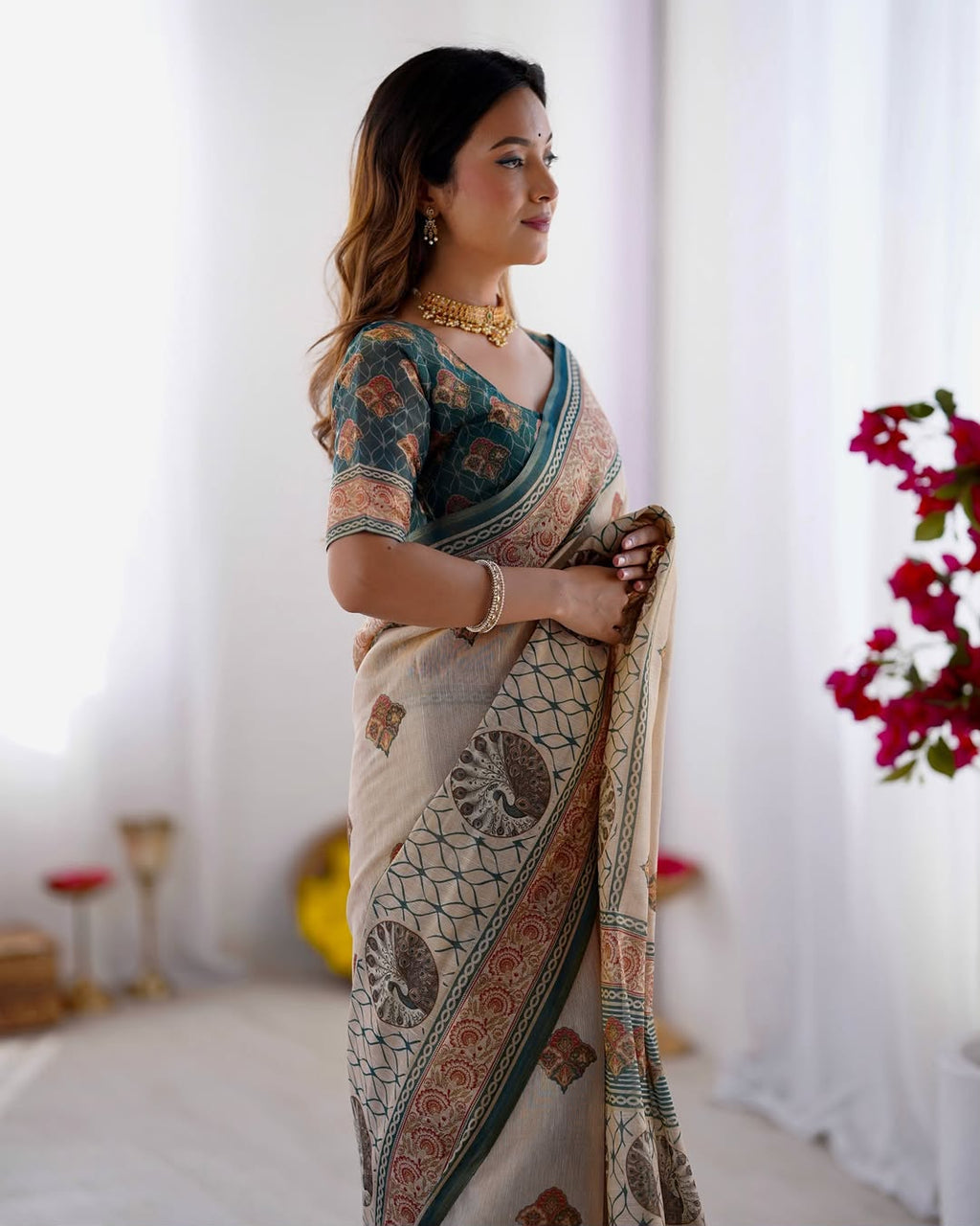 Equestrian Elegance Horse & Scenic Digital Printed Linen Cotton Saree with Matching Blouse & Zahlar Tussle