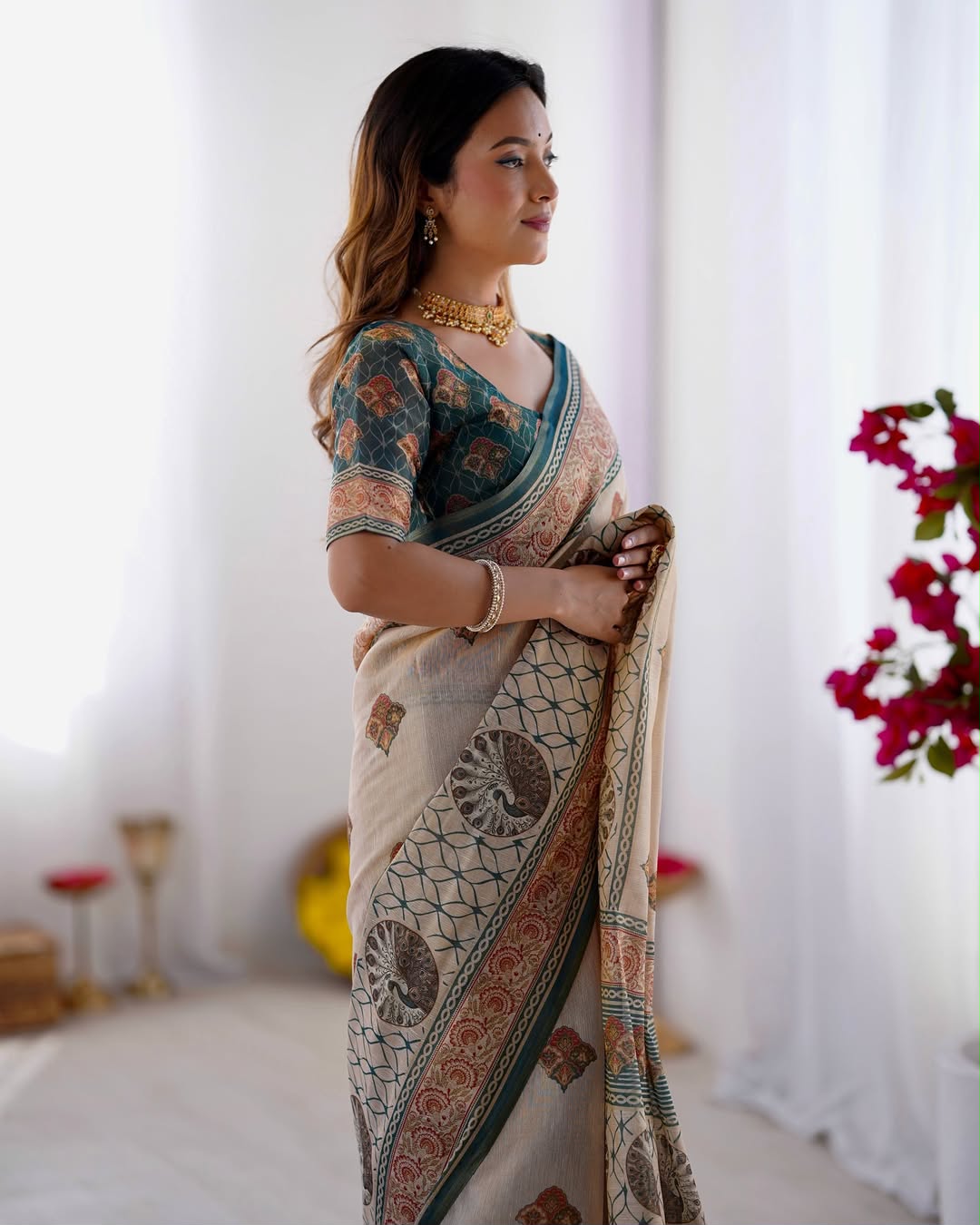Equestrian Elegance Horse & Scenic Digital Printed Linen Cotton Saree with Matching Blouse & Zahlar Tussle