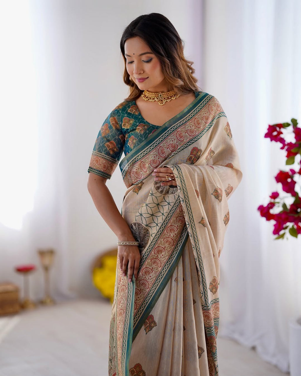 Equestrian Elegance Horse & Scenic Digital Printed Linen Cotton Saree with Matching Blouse & Zahlar Tussle