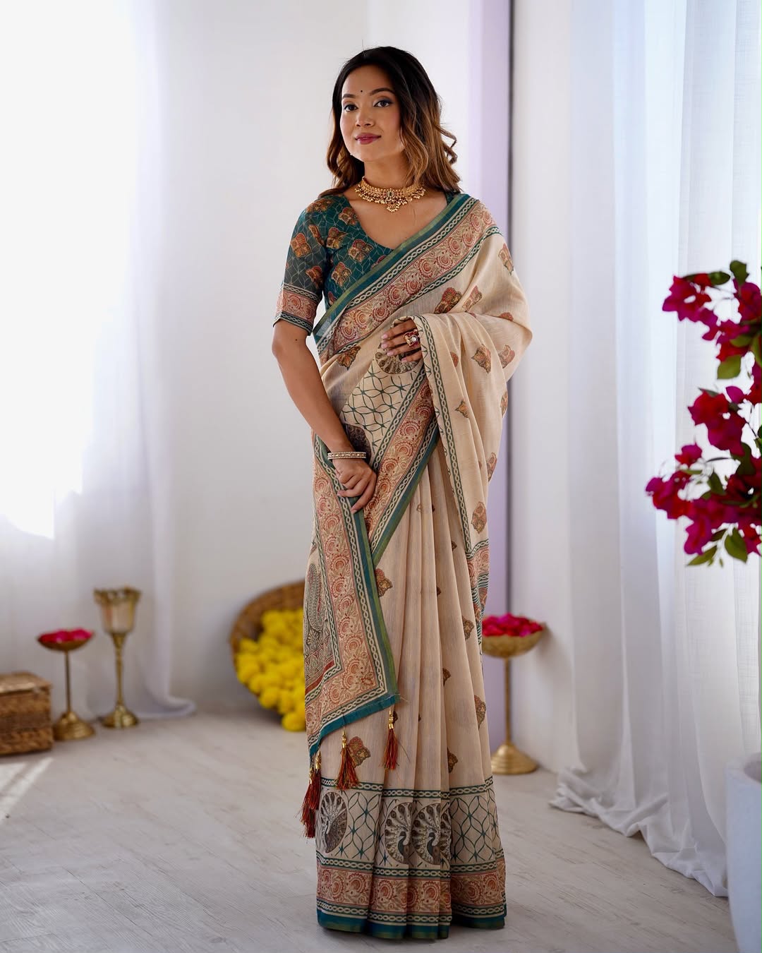 Equestrian Elegance Horse & Scenic Digital Printed Linen Cotton Saree with Matching Blouse & Zahlar Tussle
