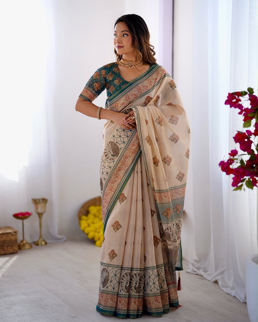 Equestrian Elegance Horse & Scenic Digital Printed Linen Cotton Saree with Matching Blouse & Zahlar Tussle
