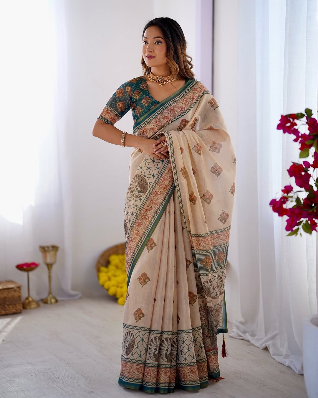 Equestrian Elegance Horse & Scenic Digital Printed Linen Cotton Saree with Matching Blouse & Zahlar Tussle