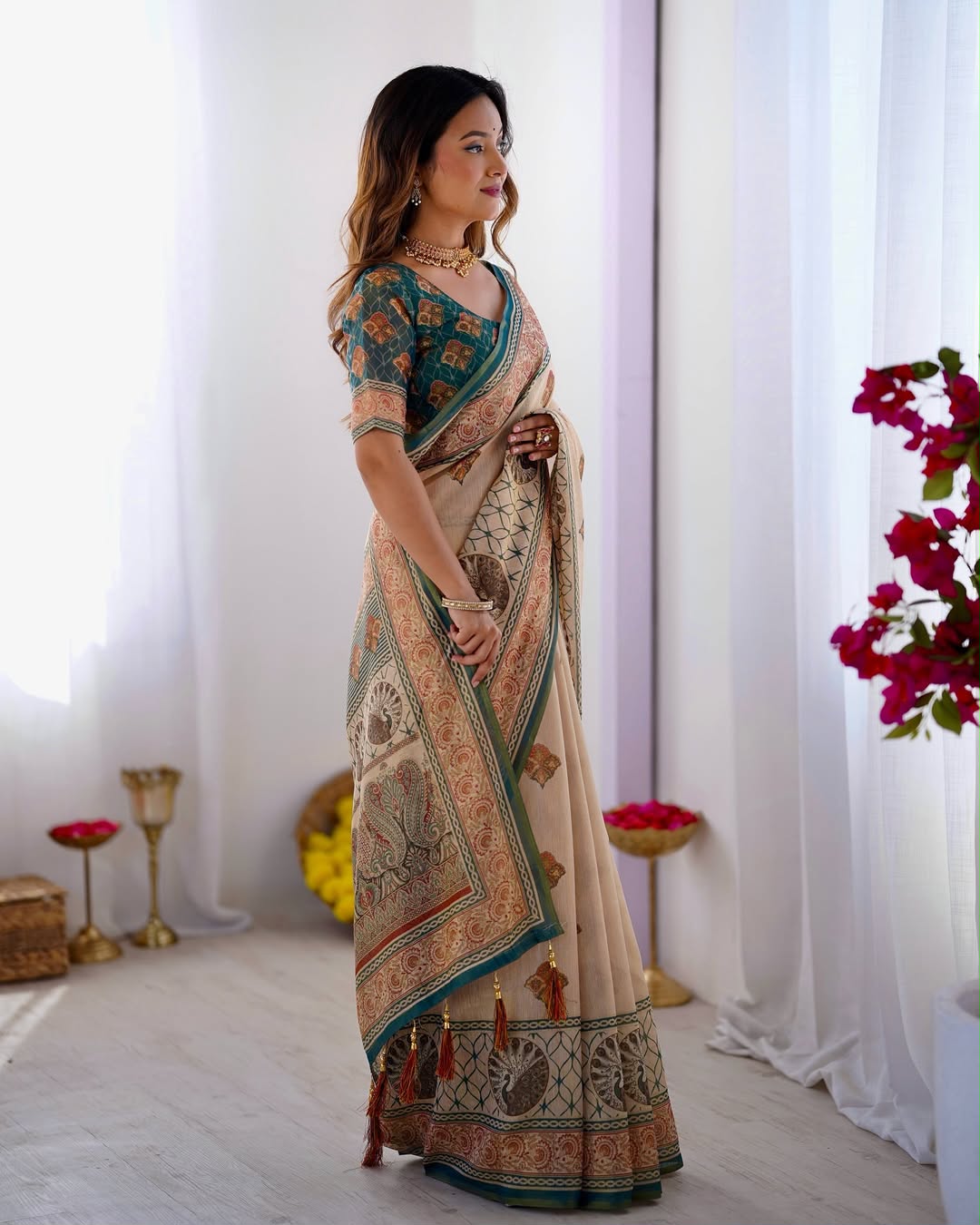 Equestrian Elegance Horse & Scenic Digital Printed Linen Cotton Saree with Matching Blouse & Zahlar Tussle