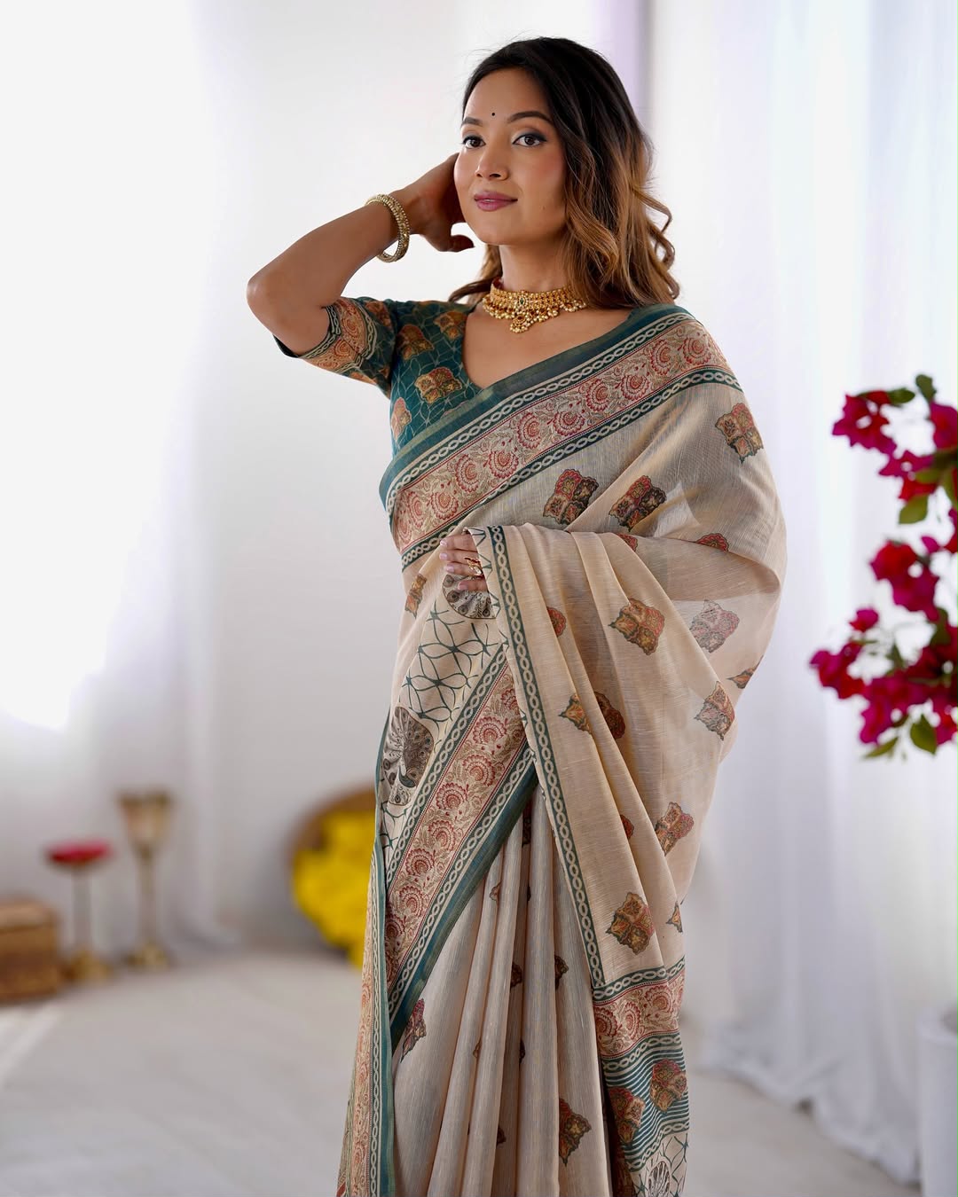 Equestrian Elegance Horse & Scenic Digital Printed Linen Cotton Saree with Matching Blouse & Zahlar Tussle