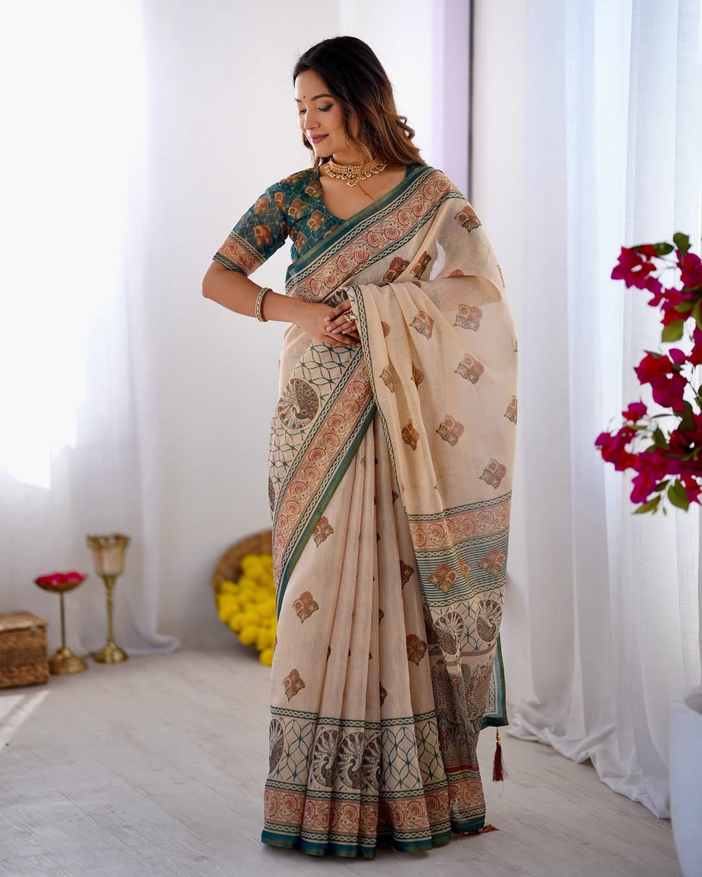 Equestrian Elegance Horse & Scenic Digital Printed Linen Cotton Saree with Matching Blouse & Zahlar Tussle