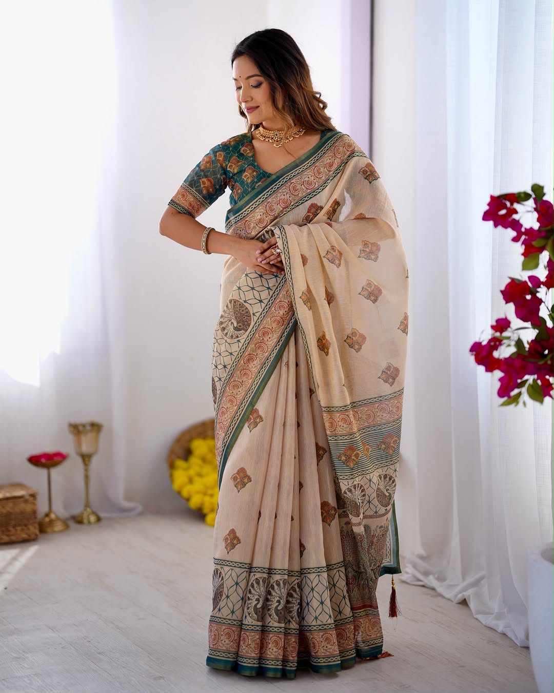 Equestrian Elegance Horse & Scenic Digital Printed Linen Cotton Saree with Matching Blouse & Zahlar Tussle