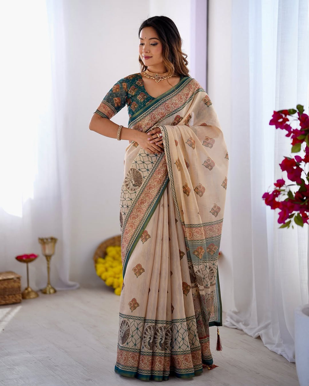Equestrian Elegance Horse & Scenic Digital Printed Linen Cotton Saree with Matching Blouse & Zahlar Tussle