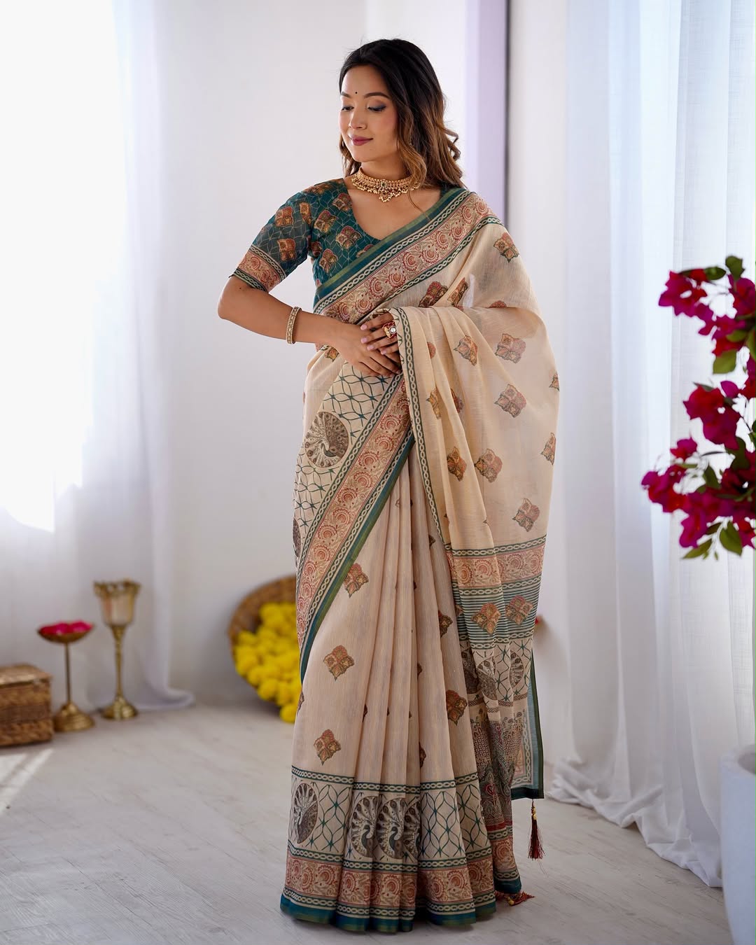 Equestrian Elegance Horse & Scenic Digital Printed Linen Cotton Saree with Matching Blouse & Zahlar Tussle