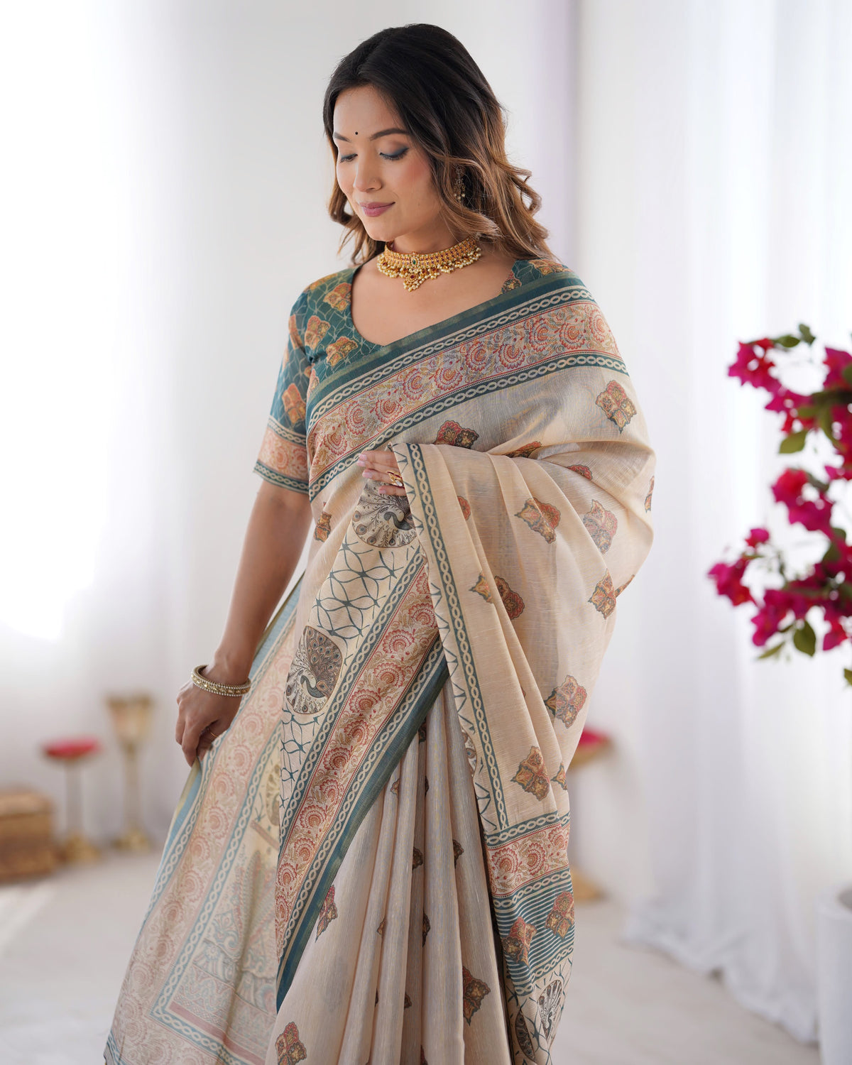 Equestrian Elegance Horse & Scenic Digital Printed Linen Cotton Saree with Matching Blouse & Zahlar Tussle