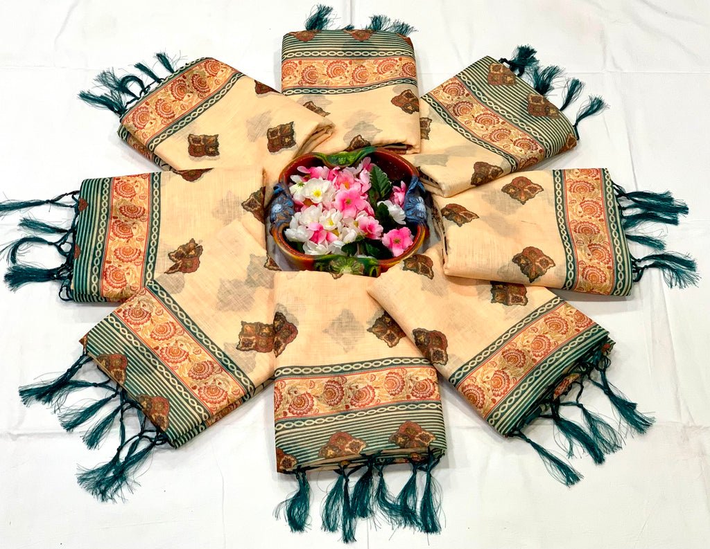 Equestrian Elegance Horse & Scenic Digital Printed Linen Cotton Saree with Matching Blouse & Zahlar Tussle