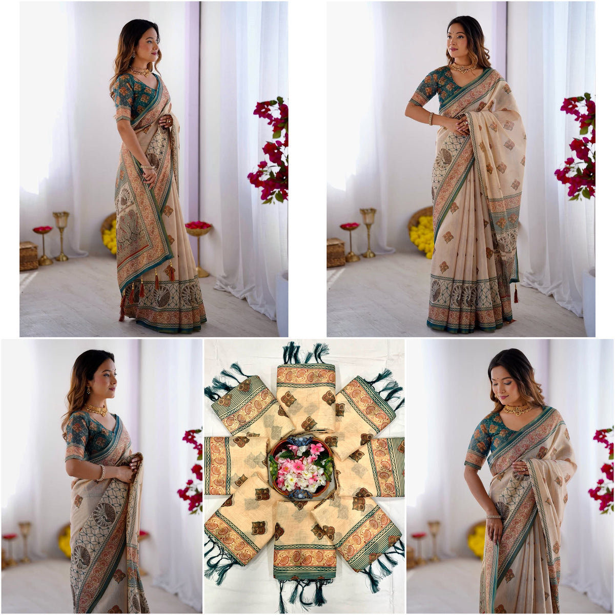 Equestrian Elegance Horse & Scenic Digital Printed Linen Cotton Saree with Matching Blouse & Zahlar Tussle
