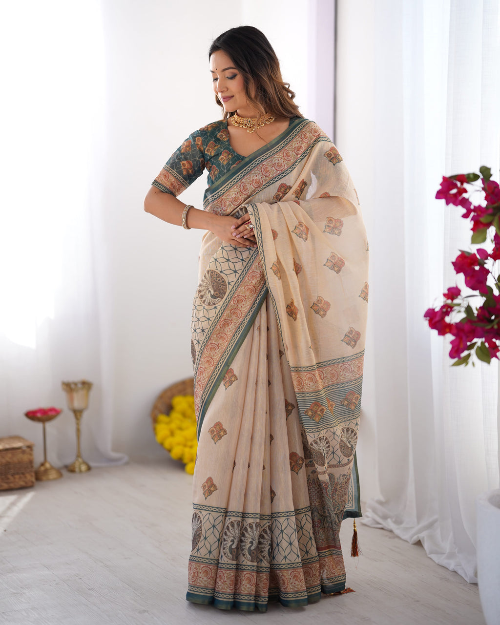 Equestrian Elegance Horse & Scenic Digital Printed Linen Cotton Saree with Matching Blouse & Zahlar Tussle